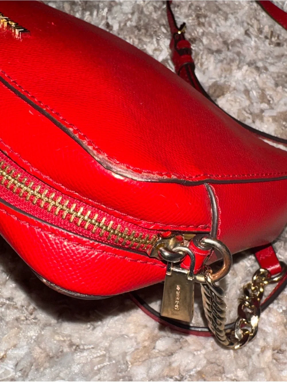 Michael Kors Red Saffiano Leather Crossbody Camera Bag with Gold Chain